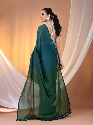 Teal cotton soft saree with contrast green pallu 3