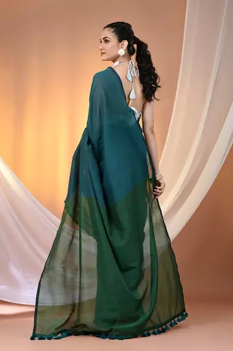 Teal cotton soft saree with contrast green pallu
