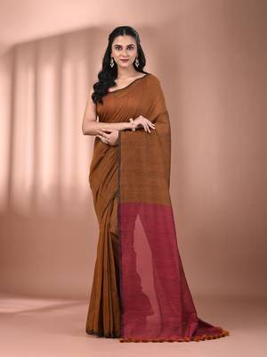 Mustard cotton soft saree with contrast magenta pallu 1