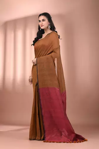 Mustard cotton soft saree with contrast magenta pallu