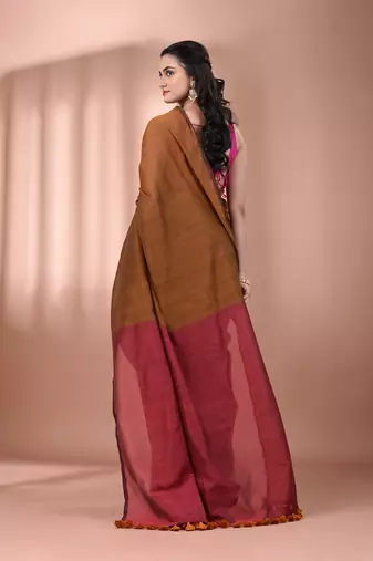 Mustard cotton soft saree with contrast magenta pallu