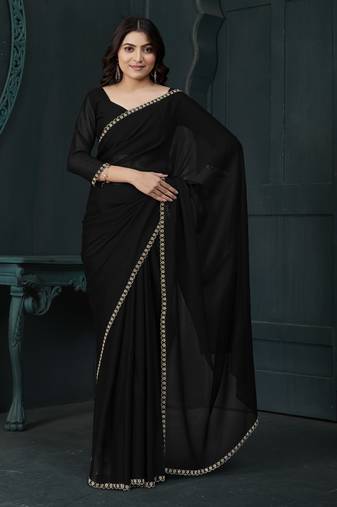 Black Handwork Diamond Border Satin Silk Saree