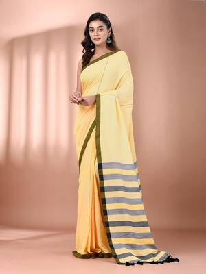Yellow cotton soft saree with stripe pallu 1