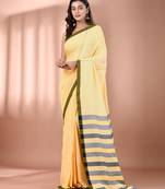 Yellow cotton soft saree with stripe pallu