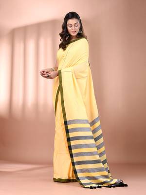 Yellow cotton soft saree with stripe pallu 2