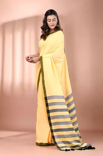 Yellow cotton soft saree with stripe pallu