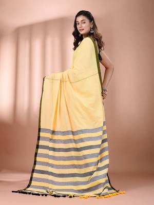 Yellow cotton soft saree with stripe pallu 3