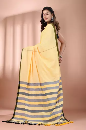 Yellow cotton soft saree with stripe pallu