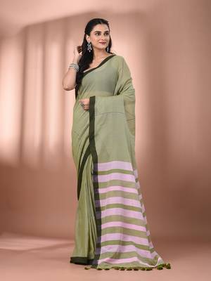Olive green cotton soft saree with stripe pallu 1