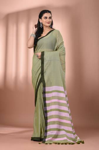 Olive green cotton soft saree with stripe pallu