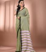 Olive green cotton soft saree with stripe pallu
