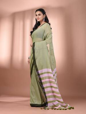 Olive green cotton soft saree with stripe pallu 2