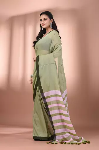 Olive green cotton soft saree with stripe pallu