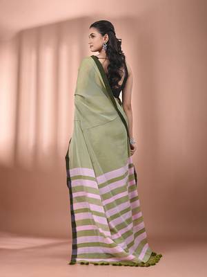 Olive green cotton soft saree with stripe pallu 3