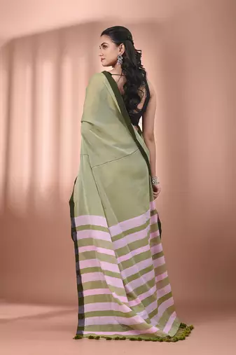 Olive green cotton soft saree with stripe pallu