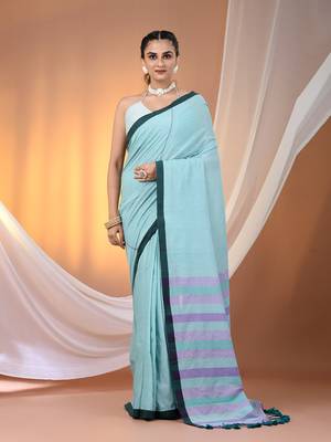 Sea green cotton soft saree with stripe pallu 1