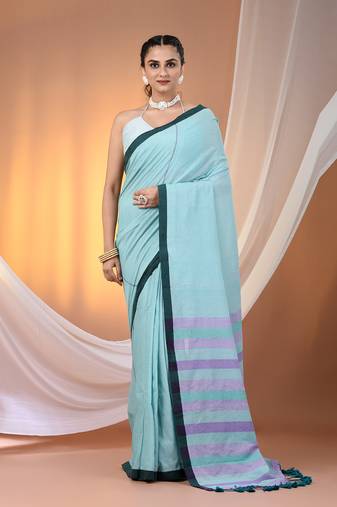 Sea green cotton soft saree with stripe pallu