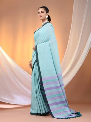 Sea green cotton soft saree with stripe pallu 2