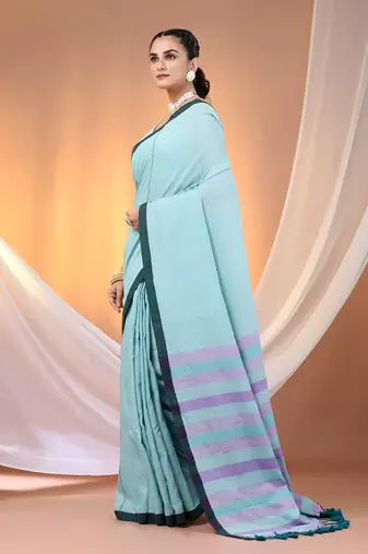 Sea green cotton soft saree with stripe pallu