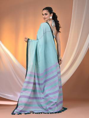 Sea green cotton soft saree with stripe pallu 3