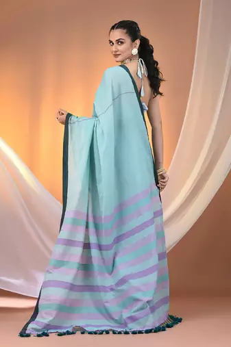 Sea green cotton soft saree with stripe pallu