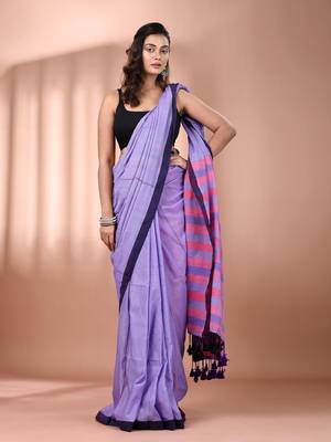 Lavender cotton soft saree with stripe pallu 1