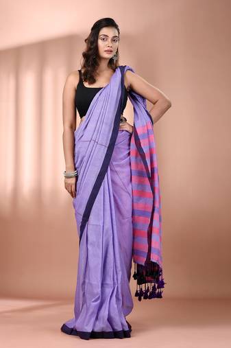 Lavender cotton soft saree with stripe pallu