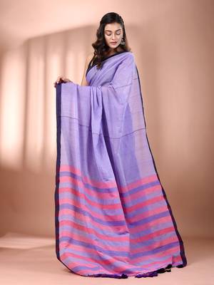 Lavender cotton soft saree with stripe pallu 2