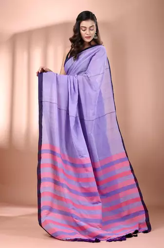 Lavender cotton soft saree with stripe pallu