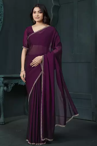 Wine Handwork Diamond Border Satin Silk Saree