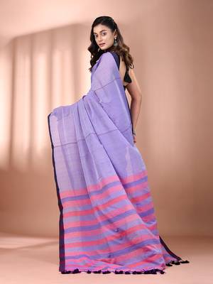 Lavender cotton soft saree with stripe pallu 3
