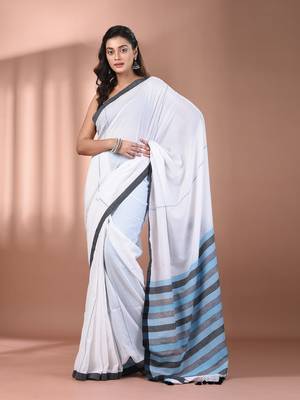 White cotton soft saree with stripe pallu 1