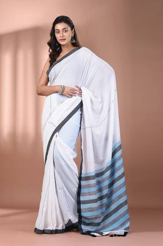 White cotton soft saree with stripe pallu