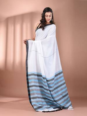 White cotton soft saree with stripe pallu 2
