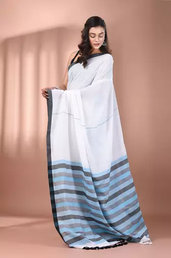 White cotton soft saree with stripe pallu