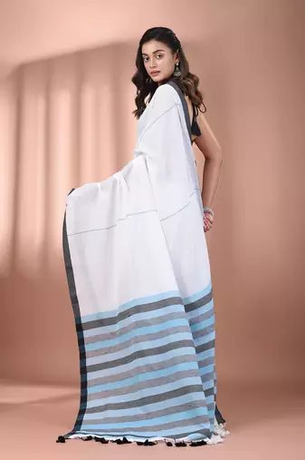 White cotton soft saree with stripe pallu