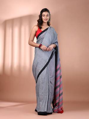 Grey cotton soft saree with stripe pallu 1