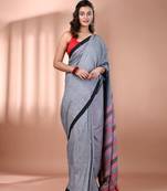 Grey cotton soft saree with stripe pallu