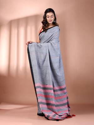 Grey cotton soft saree with stripe pallu 2