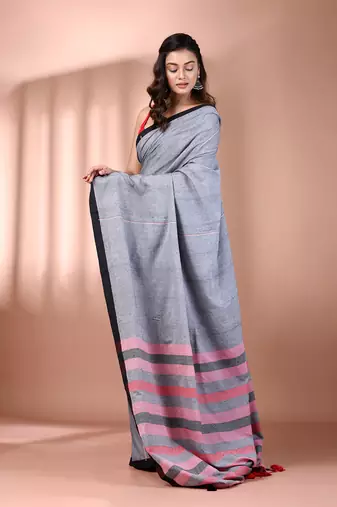 Grey cotton soft saree with stripe pallu