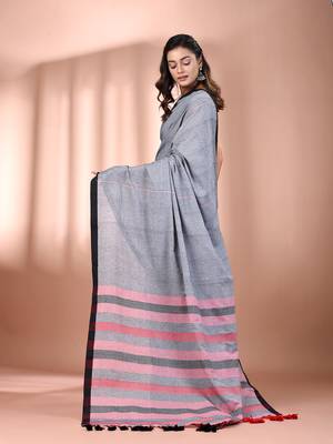 Grey cotton soft saree with stripe pallu 3