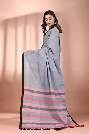 Grey cotton soft saree with stripe pallu