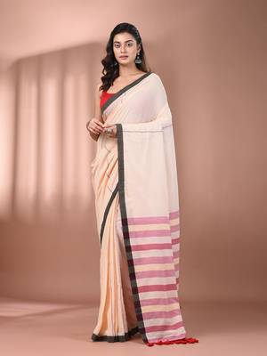 Cream cotton soft saree with stripe pallu 1