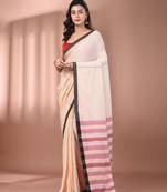 Cream cotton soft saree with stripe pallu