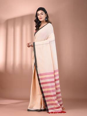 Cream cotton soft saree with stripe pallu 2