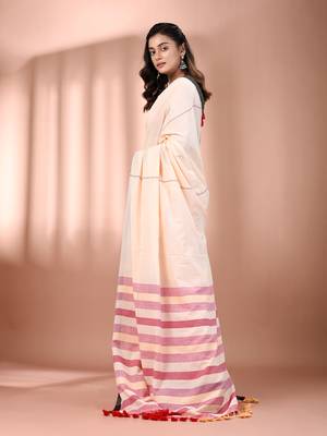 Cream cotton soft saree with stripe pallu 3