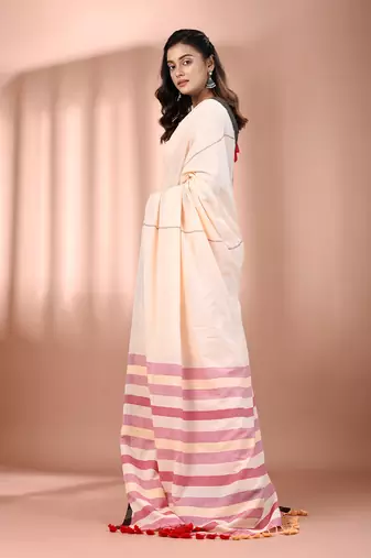 Cream cotton soft saree with stripe pallu