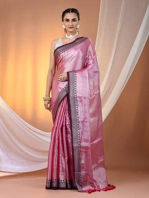 Pink shimmer tissue saree with nakshi borders 1