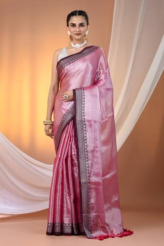 Pink shimmer tissue saree with nakshi borders