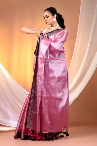 Pink shimmer tissue saree with nakshi borders